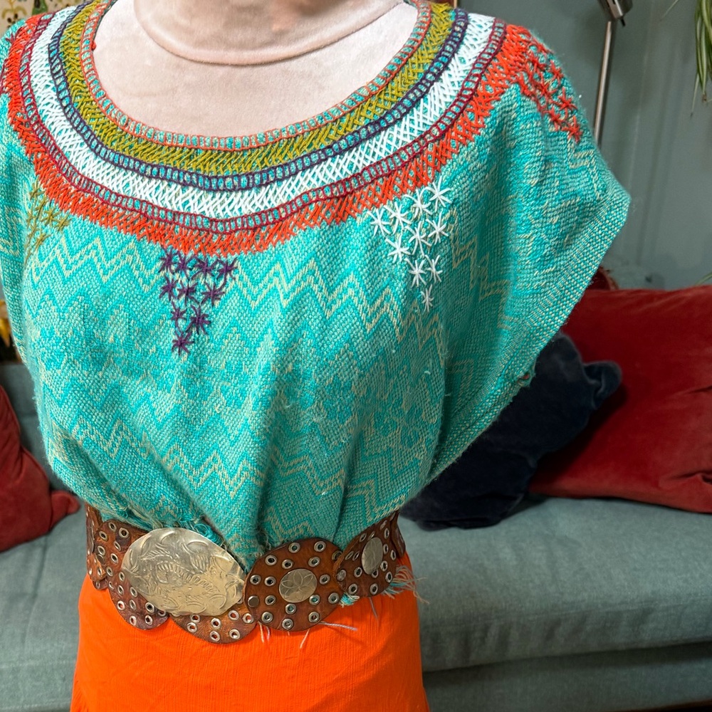 Vintage Teal green Orange & tan Aztec western fringed embroidered crop Top S/M